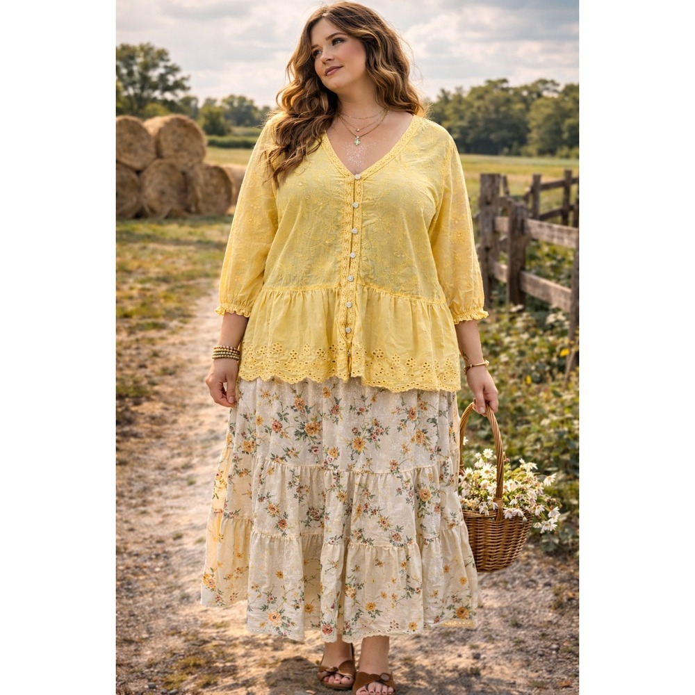 Boho Cottagecore Susan Graver Pure Lemon Yellow Cotton Embroider Peplum 1X Top